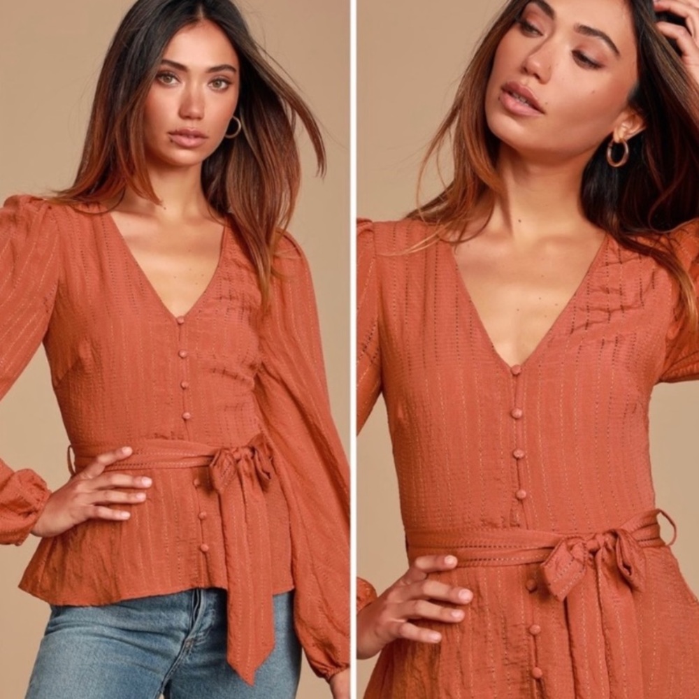 Lulus Meilani Rust Orange Long Sleeve Button-Front Top Size S